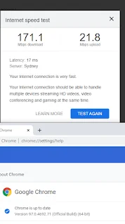 Google speed test showing normal upload speed in Chrome stable