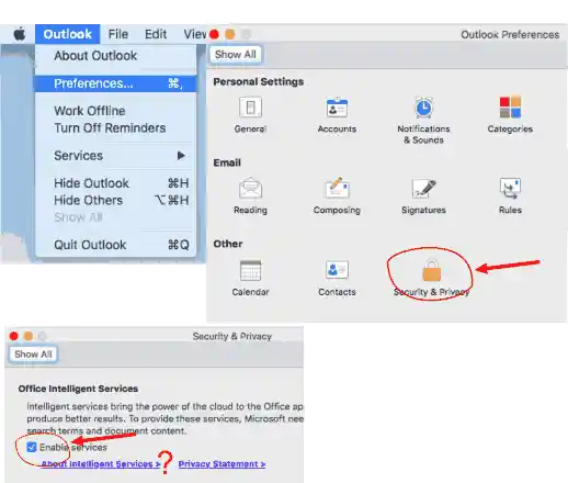 Outlook settings for email filtering and privacy