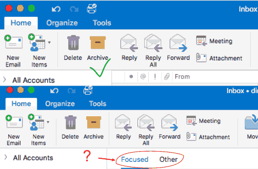 Outlook intelligence focused inbox home on off