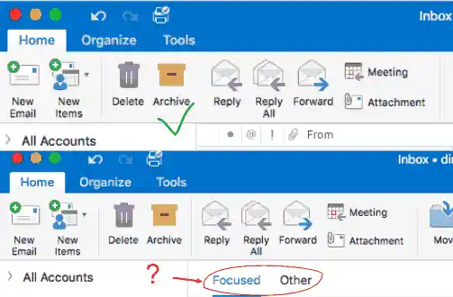Outlook Focused Inbox comparison showing emails filtered into Focused and Other tabs