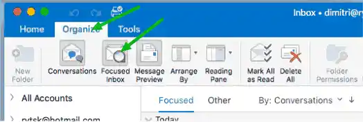 How to turn off Focused Inbox in Outlook Mac using Organize tab